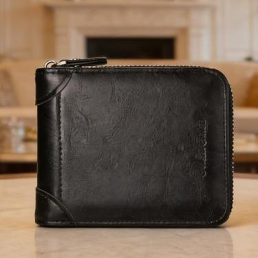 Imagem de Carteira masculina de couro curta com zíper, carteira universal preta com zíper (preto)