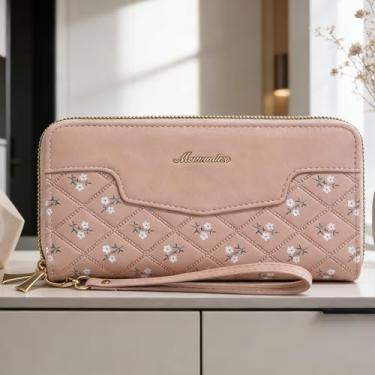 Imagem de Carteira feminina, bolsa de couro moderna longa com zíper duplo, organizador minimalista de grande capacidade com bloqueio RFID para estilo moderno (rosa)