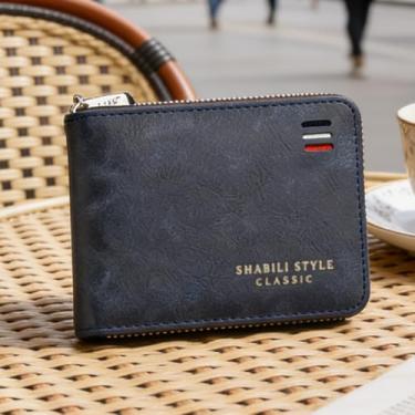 Imagem de Carteira masculina de couro curta com zíper, organizador casual azul elegante (azul)