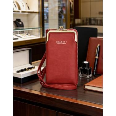 Imagem de Bolsa tiracolo feminina de couro vermelho vintage, carteira com zíper multicamadas e bolsa de pulso