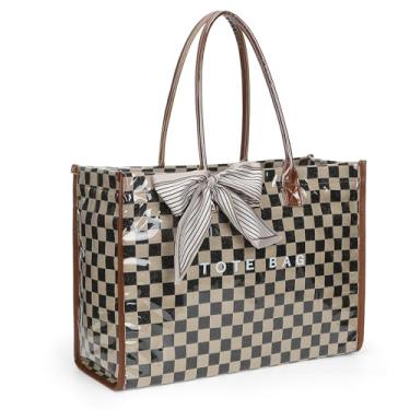 Imagem de Lushandy Sacola de PVC para mulheres, bolsa grande de plástico para trabalho, papel kraft, impressão de letras, bolsa de ombro para carregar todas as bolsas Hobo