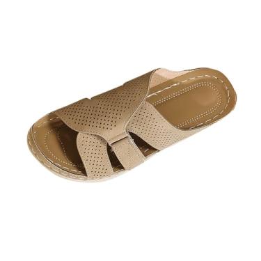 Imagem de Pantufas femininas casuais de verão com boca de peixe com fundo grosso confortável para uso externo e interior com material PU, Caqui, 38