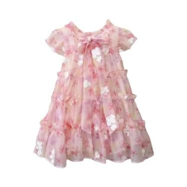 Imagem de Vestido Rosa Floral De Renda Sem Mangas Para Meninas De 3 a 7 Anos Est