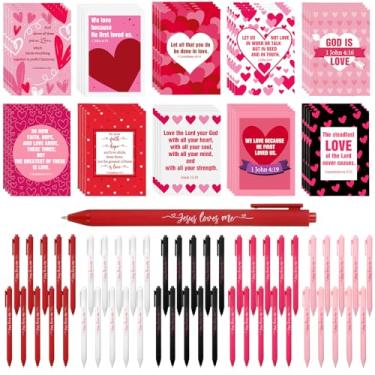 Imagem de Sabary 100 peças de blocos de notas bíblicas Jesus Loves Me, conjuntos de canetas esferográficas de coração, mini cadernos de bolso com escrituras, diários em massa, presentes para dia dos namorados