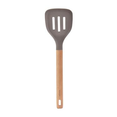 Imagem de Espátula Vazada de Silicone com Cabo de Madeira Kenya Cinza