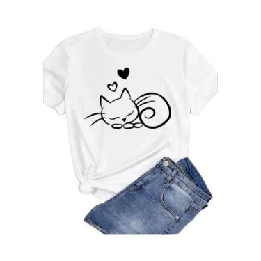 Imagem de Camiseta Feminina De Verão Com Estampa De Gato, Design De Cartoon Fash