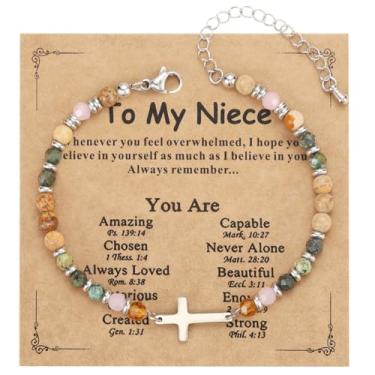 Imagem de Emibele Pulseira de cruz religiosa para mulheres, pulseiras de contas de cruz cristã com pedra natural, joias religiosas de fé cristã, enfeites de meia para sobrinha, joias de amizade