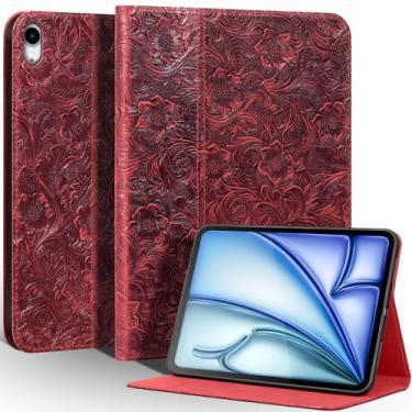 Imagem de Gexmil Capa de couro para iPad Air 11 polegadas M2 2024, iPad Air 10,9 polegadas 5ª/4ª geração 2022/2020, capa fólio de couro de vaca premium inteligente com despertar/hibernar automático, vermelho