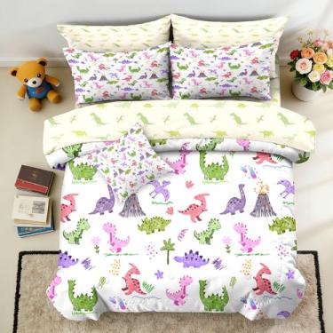 Imagem de Yadangxiawa Jogo de cama queen com dinossauro, 6 peças, para adolescentes, com 1 colcha + 1 lençol de cima + 1 lençol com elástico + 2 fronhas + 1 capa de almofada (C-dinossauro queen)
