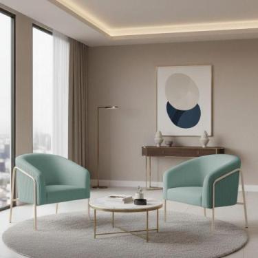 Imagem de Poltrona Sala Decorativa Kit 2 Stella Base Alta Tubo Champanhe Veludo 