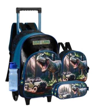 Imagem de Mochila De Rodinha Dino Land 3d Menino Kit Escolar 3 Peças - D Present
