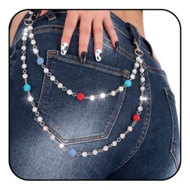 Imagem de Bounzhi Correntes de calças em camadas de contas de cerâmica brilhantes para homens e mulheres requintadas corrente de bolso com strass presentes para amantes de jogadores de beisebol, Free Size, Liga