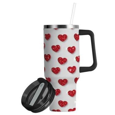 Imagem de ATTX Copo de coração vermelho de 850 g com alça, copo de aço inoxidável a vácuo de parede dupla com palha, caneca de café de viagem isolada #441