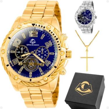 Imagem de Relógio Masculino Casual Grande Aço Inox Banhado Ouro 18k Cordão Corre