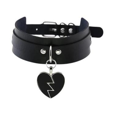 Imagem de Colar Choker Punk Preto Para Mulheres Em Couro PU Com Coração, Cadeado