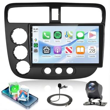 Imagem de Rádio estéreo automotivo 4 núcleos 4G + 128G Android 15 para Honda Civic 2001 2002 2003 2004 2005, Carplay sem fio, Android Auto, GPS 5G-WiFi, tela sensível ao toque embutida de 9 polegadas, câmera de