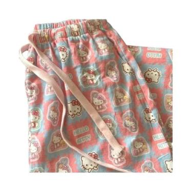 Imagem de Calças De Pijama Femininas Rosa Hello Kitty Primavera Verão Corte Solt