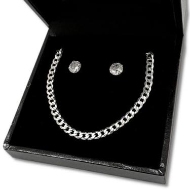 Imagem de Kit Pulseira Grumet Escama Peixe e Brinco Zircônia Prata 925 - Hakuna 