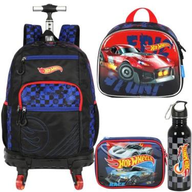 Imagem de Kit Mochila 4rodas Estojo Lancheira Garrafa Bolsa Hot Wheels - Luxcel,