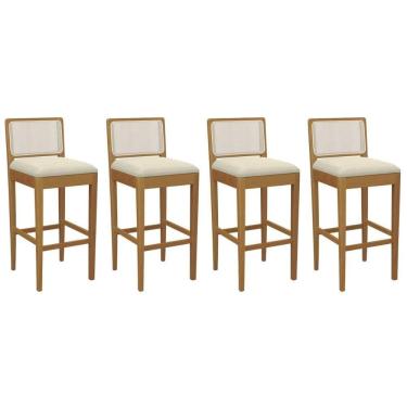 Imagem de Banqueta Cozinha Sara 1BMM005CA Premium Madeira Maciça Kit 4 Un Carvalho/Linho Bege Argila/Tela Bege Kappesberg