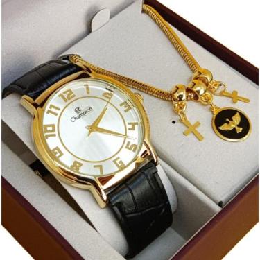 Imagem de Relógio Champion Feminino Original Dourado Correia de Couro Preta A Pr