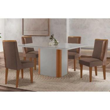 Imagem de Conjunto Sala de Jantar Pietá c/ Tampo Madeirado c/ Vidro Canto Curvo 120x80cm e 4 Cadeiras Tilia Madeira Maciça Naturale/Off White - Capuccino/Suede 