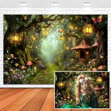 Imagem de Duluxykl Cenário fotográfico floresta encantada primavera 2,1 x 1,5 m vinil conto de fadas país das maravilhas borboleta árvore mágica cogumelo casa fundo princesa decoração festa de aniversário mural
