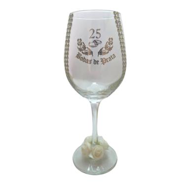 Imagem de Taça Vidro Bodas de Prata 25 Anos Rosas Casal Vinho