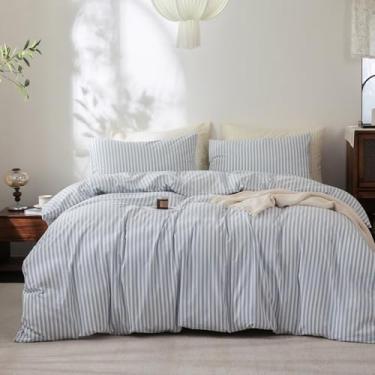 Imagem de FOSSA Conjunto de capa de edredom listrado 100% algodão lavado, sensação de linho, super macio, respirável, aconchegante, 3 peças, azul e branco, listras clássicas, casal/duplo