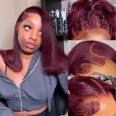 Imagem de Peruca Bob Deep Burgundy Cabelo Humano 30 cm Curto Bob 13x4 HD Peruca Frontal Transparente Mais Escuro Que 99J Borgonha Linha do Cabelo Pré-Arrancado com Cabelo de Bebê Natural Preto Peruca Feminina