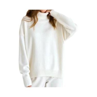 Imagem de Suéter Feminino De Tricô Grosso De Gola Alta Quente Para Outono/Invern