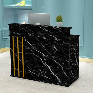 Imagem de Mesa de recepção rosa com gaveta de bloqueio e bandeja de teclado, mesa de balcão frontal de madeira para loja de roupas, salão de beleza, lobby - Design compacto de 60 cm