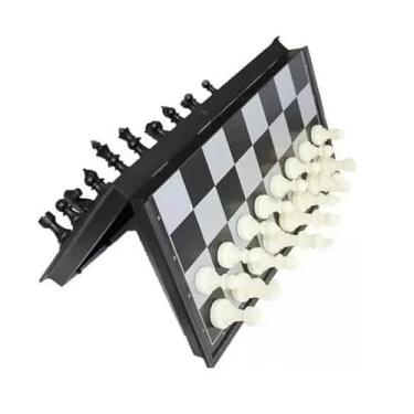 Imagem de Jogo de Xadrez Magnético Dobrável Profissional, Tabuleiro 20x20cm, 32 Peças com Imã, Preto e Branco