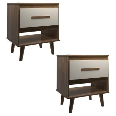 Imagem de Kit 2 Mesas de Cabeceira 1 Gaveta com Nicho e Pés Retro Estilo Moderno para Quarto Savana Mobília Decor