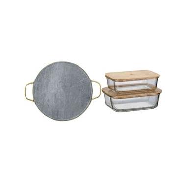 Imagem de Kit Pedra para Pizza de Pedra Sabão com Alças de Cobre + Potes Herméticos Refratários com Tampa de Bambu Electrolux NA