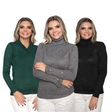 Imagem de Kit 3 Blusa Feminina Tricô Deconte V Gola Alta Manga Botão Lã Lisa Inv