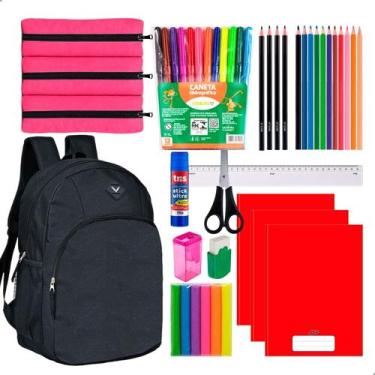 Imagem de Kit Material Escolar Caderno Brochura Estojo Duplo + Itens Feminino - 