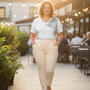 Imagem de Blusa Feminina Plus Size em Malha com Estampa de Folhagens – Decote V Cereja Rosa-Feminino