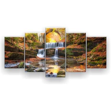 Imagem de Quadro Decorativo Cachoeira Folha Laranja 129x61 5 Peças