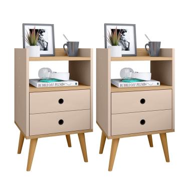 Imagem de Kit 2 Mesas de Cabeceira Retrô Mesinhas com Gavetas Modernas Bide Cama Quarto Casal Solteiro Completo Dream - Bege/Marrom