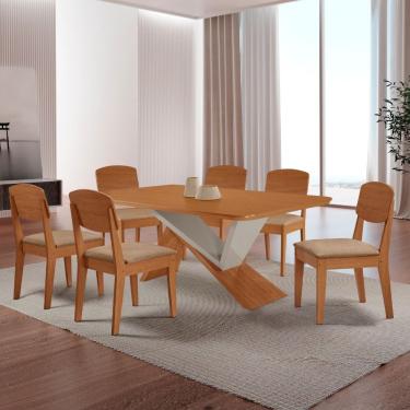 Imagem de Mesa De Jantar Yasmin Tampo Laminado Canto Copo E 6 Cadeiras Turim 07/naturale /off White