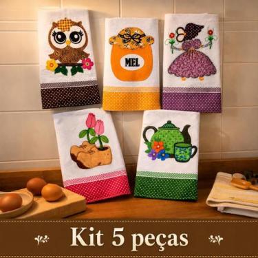 Imagem de Kit Pano de Prato Bordado Patchwork com Bainha Sacaria Santa Margarida