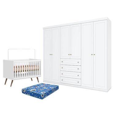 Imagem de Kit Berço Americano Q Encanto 3820 Retrô MDP Colchão Incluso Branco Acetinado Qmovi