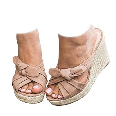 Imagem de Sandálias femininas plataforma espadrille anabela deslizante laço nó aberto dedos sem cadarço verão mules sapatos, Nude, 7