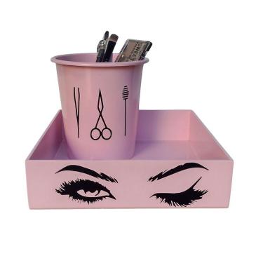 Imagem de Kit bandeja porta maquiagem + porta pinceis rosa claro sobrancelha