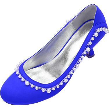 Imagem de Sapatos femininos de salto pérola bico redondo salto gatinha sapatos sociais, Azul, 9
