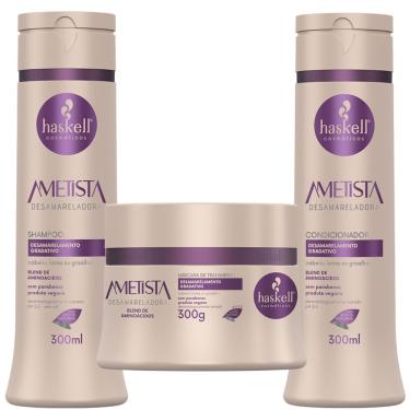 Imagem de Kit Haskell Ametista Desamareladora Cabelos Loiros e Grisalhos Shampoo Condicionador e Máscara 300g/ml