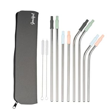 Imagem de Goodful Conjunto de canudos de aço inoxidável reutilizável, estojo de viagem, escova de limpeza, pontas de silicone removíveis, 8 peças, sortidas