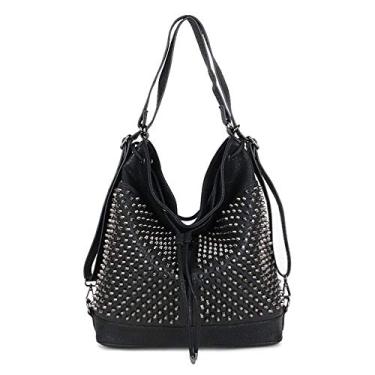 Imagem de Chikencall Bolsa balde cravejada grande para mulheres e homens mochila punk rebite bolsas de ombro, Preto, Large, Moderno