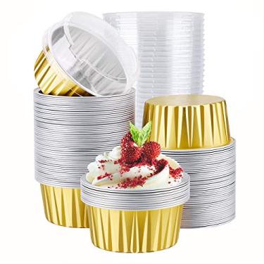 Imagem de 100 peças de Ramekins descartáveis, Eusoar 125 ml Forro de cupcake com tampas, Ramekins Creme Brulee, Bolo de alumínio Bolo, Caixas para assar, Caixas para Sobremesa, Dourado